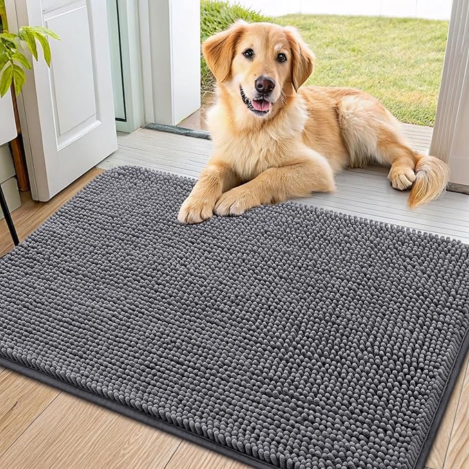Smiry Dog Door Mat for Muddy Paws 34x21, Absorbs Moisture and Dirt Doormat, Non-Slip Washable Quick Dry Chenille Front Door Mat Indoor Entrance, Entryway Carpet for Inside Floor, Dark Grey