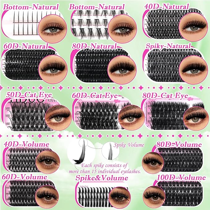 YIDUO 1846Pcs Lash Clusters Kit with Spikes+Bottom Cluster Lashes Kit Mix Styles 10-18mm Volume D Curly Wispy Soft DIY Individual Eyelash Extension Kit with Glue pestañas postizas Wholesale Large Pack