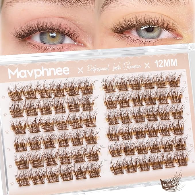 12MM Lash Clusters Brown Eyelash Clusters Natural Fluffy Wispy Cluster Eyelash Extensions with Clear Band & C Curl - For Noticeable But Not Dramatic Look, Soft Glam Sweet Spot
