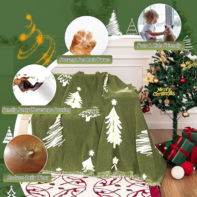 MYSKY HOME 71"X118" Loveseat Christmas Couch Cover, Sectional Sofa Covers Sofa Slipcover for 2 Cushion Couch, L Shape Couch Covers for Dogs, Kids, Washable Sofa Blanket, Furniture Protector, Green