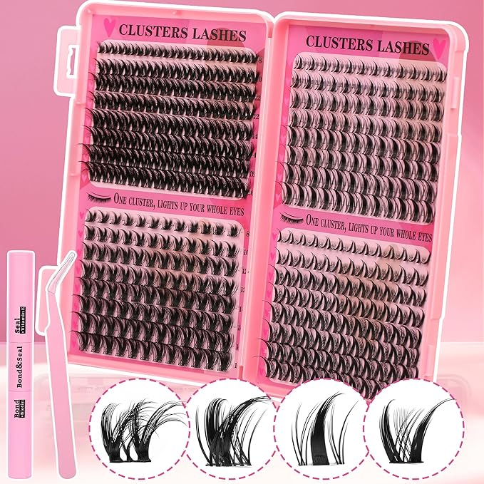 Manga Lash Clusters Kit Spiky Lashes Clusters Fairy Wispy Lash Clusters Wet-Look Anime Lashes Pack 384 Pcs C/D Curl Fluffy Individual Lashes Lash Bond and Seal Lash Tweezers