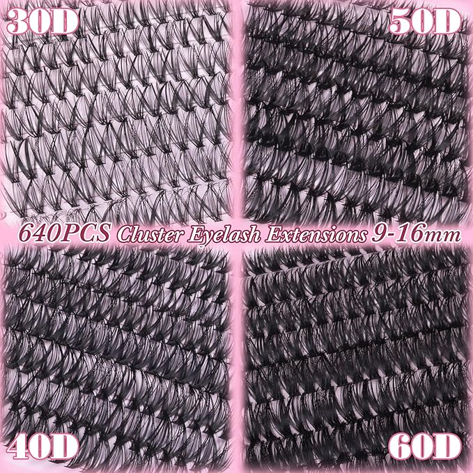 Lash Clusters 640PCS Natural Eyelash Clusters 30D 40D 50D 60D Wispy Cluster Eyelash Extensions 4 Styles PestaÃÂ±as Postizas Naturales 9-16mm DIY Individual Lashes Extensions Soft Lash Band by zenotti