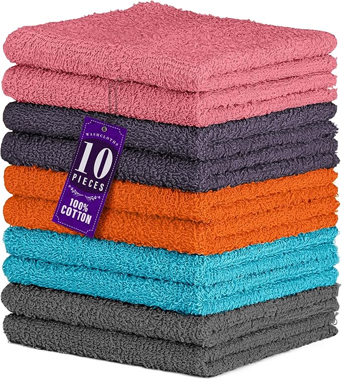 DecorRack 10 Pack 100% Cotton Wash Cloth, Luxurious Soft, 12 x 12 inch Ultra Absorbent, Machine Washable Washcloths, Assorted Set 4 (10 Pack)