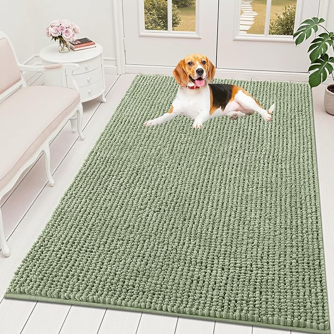OLANLY Dog Door Mat for Muddy Paws 59x35, Ultra Absorbent Chenille Mud Doormat, Non-Slip Washable and Dirt Trapping Doormat for Indoor Entryway, Quick-Dry Indoor Pet Bed Mats for Dogs, Sage Green