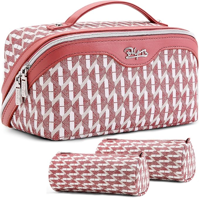 BOYATU Travel Makeup Bags for Women: Large Capacity Cosmetic Bag Set of 3 - Vegan Leather Make up Bags with Compartments - Wide Open Waterproof Toiletry Organizer Bag with Handle (P-03-Red)