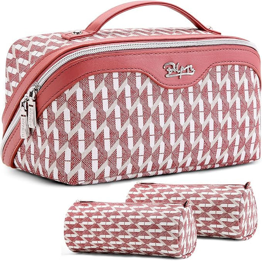 BOYATU Travel Makeup Bags for Women: Large Capacity Cosmetic Bag Set of 3 - Vegan Leather Make up Bags with Compartments - Wide Open Waterproof Toiletry Organizer Bag with Handle (P-03-Red)