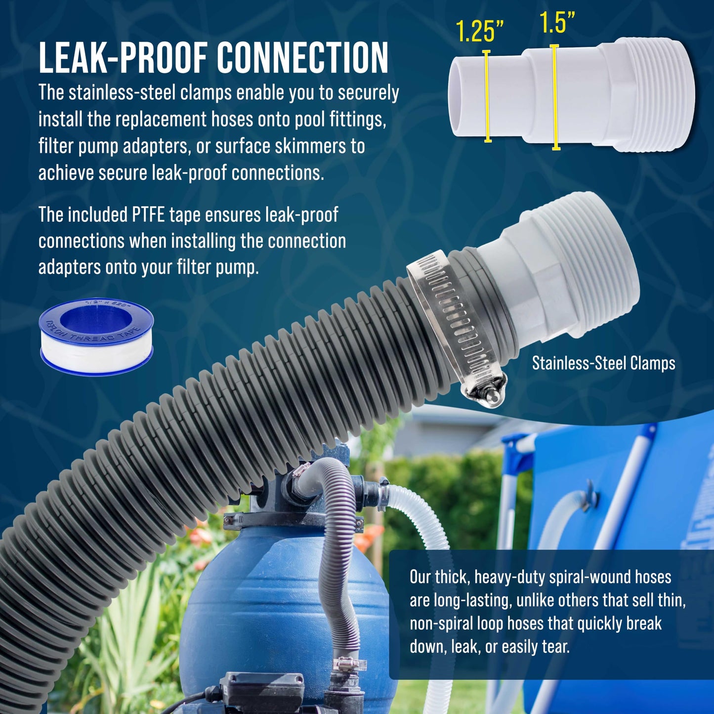 U.S. Pool Supply 1.5" Heavy-Duty Above Ground Pool Hose Replacement Kit - 2 Silver 6 Foot Hoses, 2 Connection Adapters, 4 Clamps - Compatible with Intex Filter Pumps