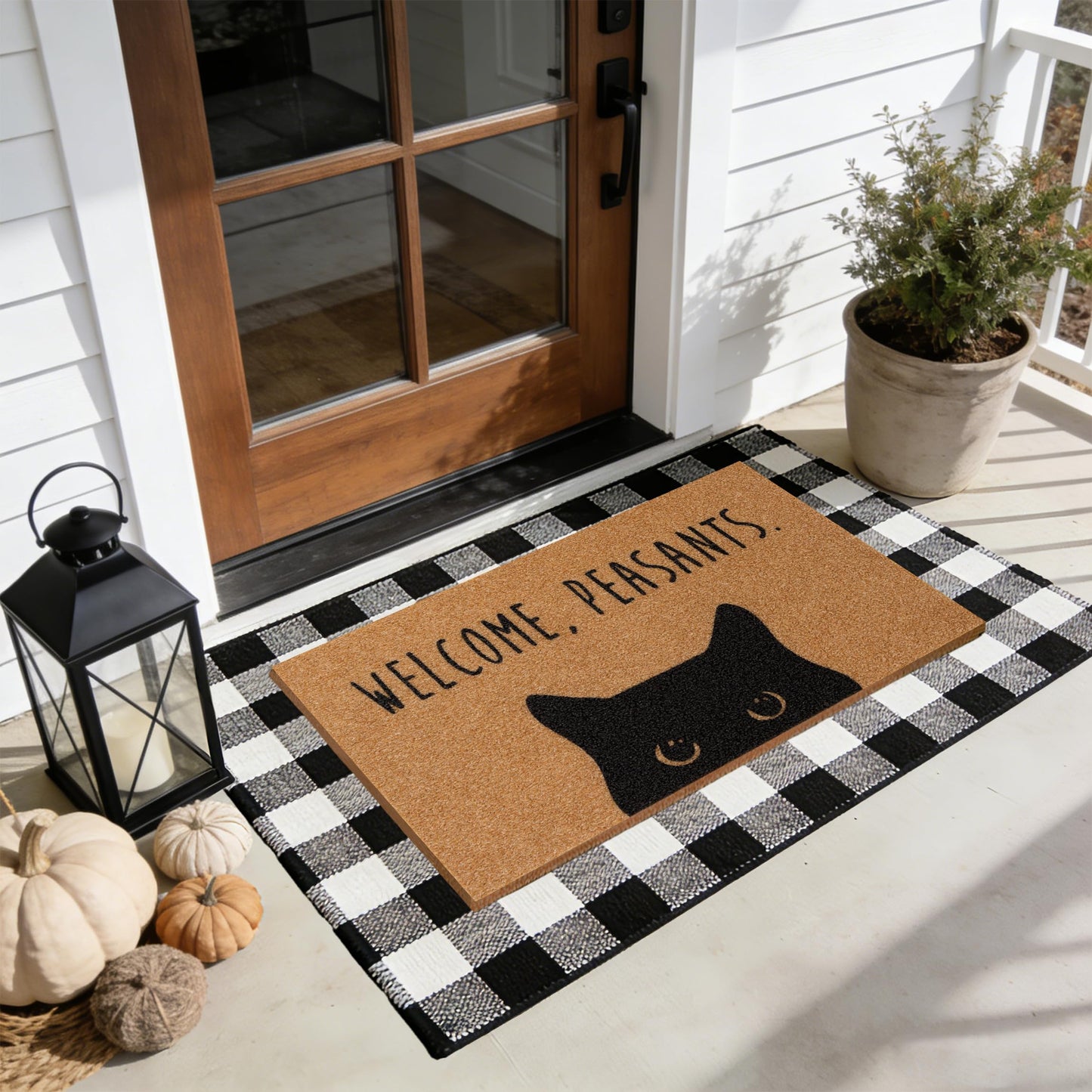 2 Pcs Welcome Peasants Black Cat Door Mat Set, Layered Artificial Coir Doormat with Black White Buffalo Plaid Mat, Non-Slip Cute Funny Front Door Mats for Cats Lovers Owners Porch, Entryway Decor