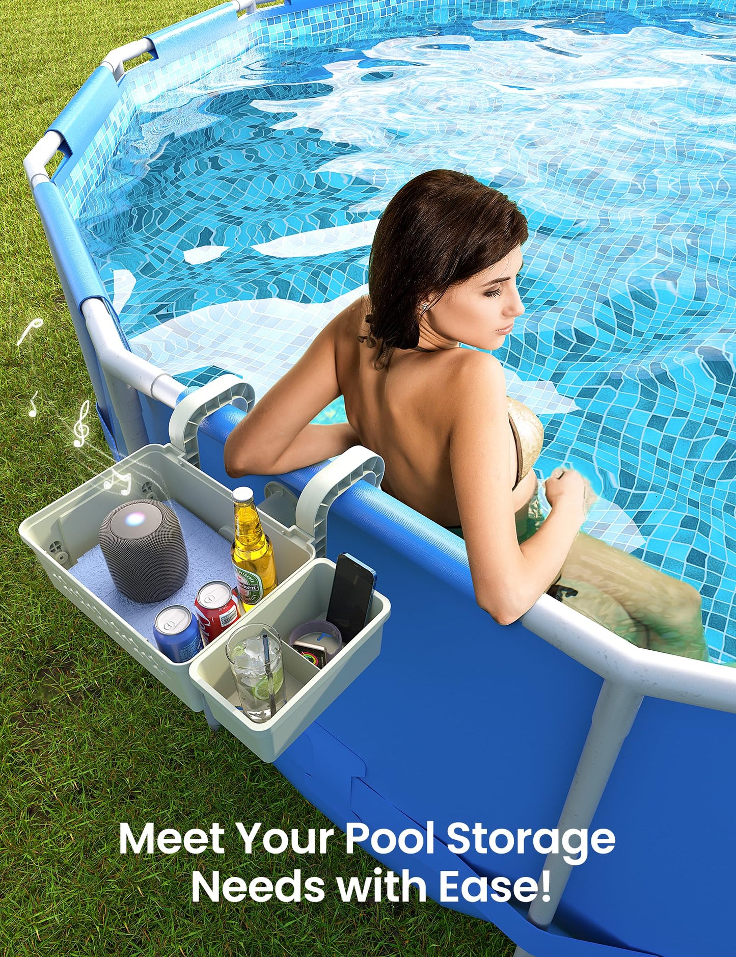 SUMMERBUDDY 2 Sets Upgrade Poolside Storage Basket, Above Ground Pool Storage Basket with Pool Cup Holder, For Steel Round or Oval Frame Above Ground Pools, Fits 3 Inch or Less Top Rail
