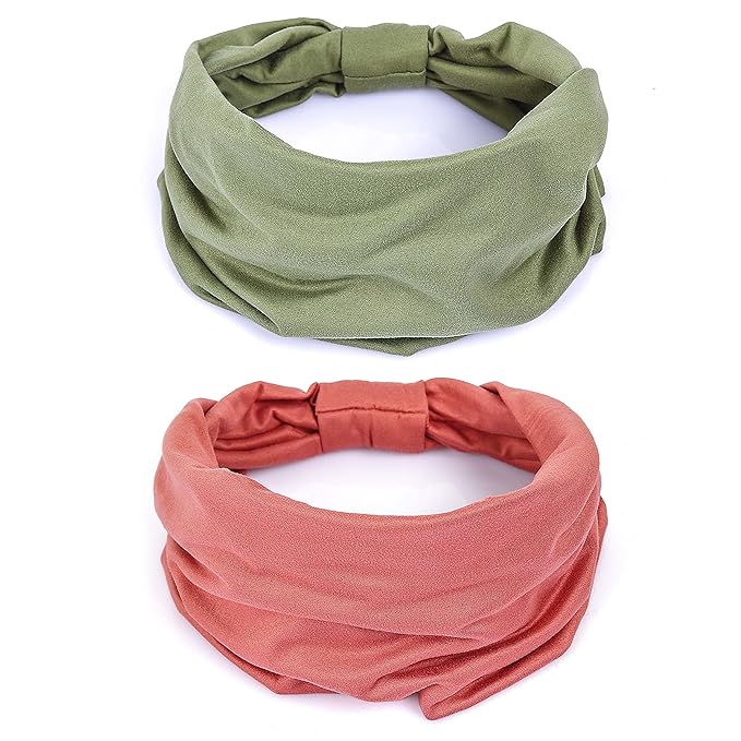 GiLi 2 Pack Wide Headbands for Women Boho African Knotted Non Slip Fashion Hair Bands Yoga Running Sports Workout Gym Head Wraps Elastic Soft Cotton Cloth Turbans Bandana for Girls(Green, Pink)