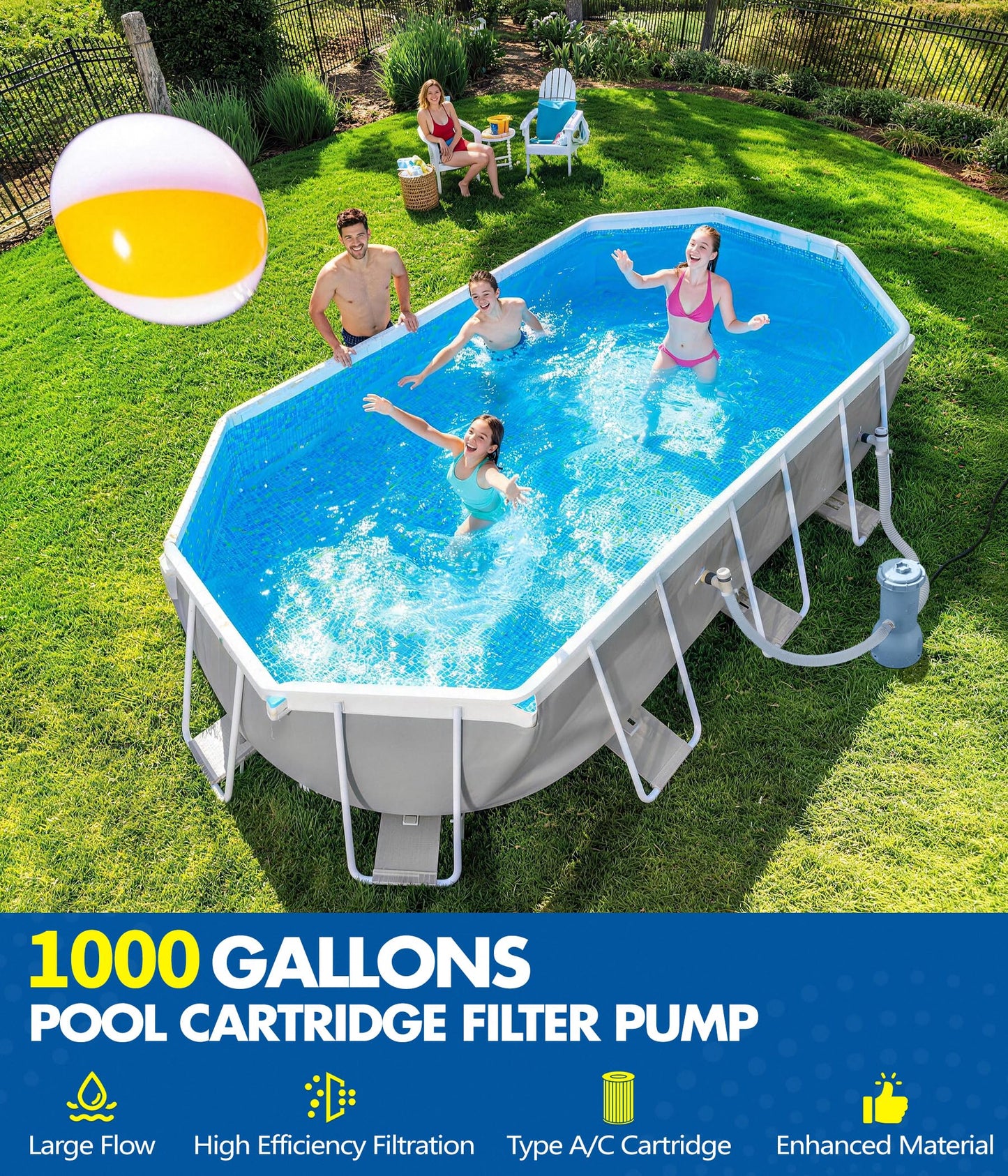 KimFilter Pro Series 1000 GPH Above Ground Pool Filter Pump, Powerful Pool Cartridge Filter Pump, Water Circulation and Filtration System -Improved Water Clean & Clarity, Pools Pumps Above Ground-Blue
