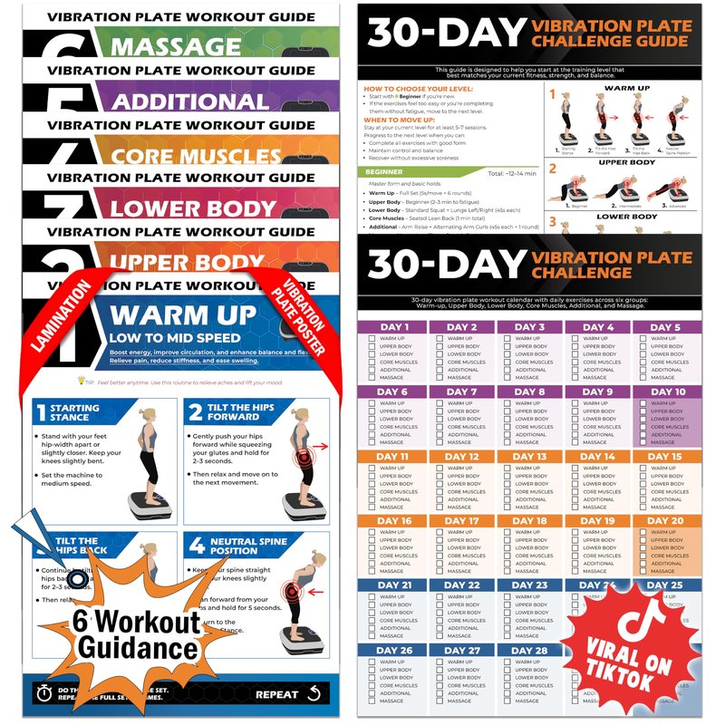 POCAZONE Vibration Plate Workout Poster, Full-Body Exercises + 30-Day Personalized Plan, Beginner to Advanced Guidance, Fits All Vibration Machines, Home Fitness & Recovery