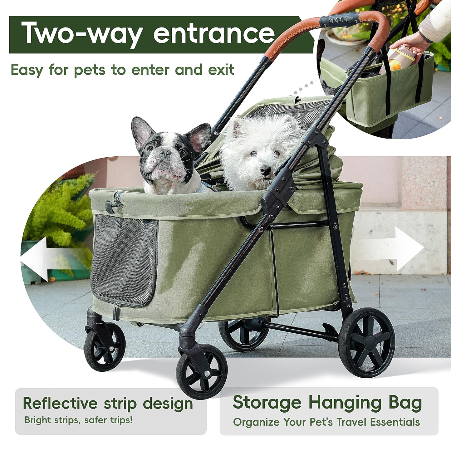 JOYCOW Dog Stroller for 2 Small Dogs or 1 Medium Pet, Low-Entry Design with Anti-Jump-Out, 600D Oxford Fabric, Up to 70 lbs, Green