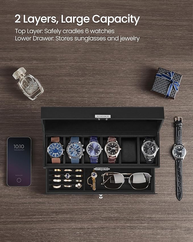 SONGMICS Watch Box, 6-Slot Watch Case Organizer with Large Glass Lid, 2 Layers, Removable Pillows, Metal Lock, Gift for Loved Ones, Black Synthetic Leather, Black Lining UJWB060B02
