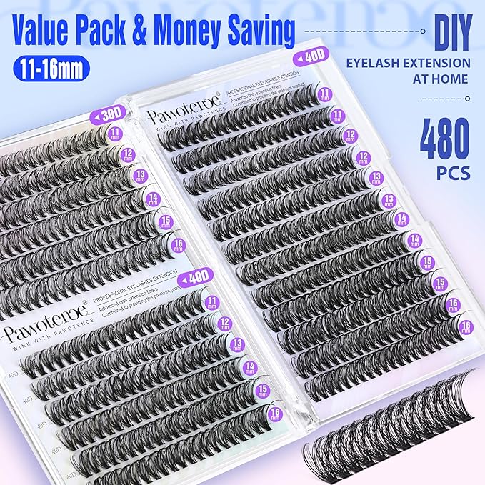 Pawotence Lash Clusters 480pcs Individual Lashes 30D 40D Cluster Eyelash Extensions Eyelash Clusters Lash Extensions for Self Application (30D&40D, 0.07D, 11-16mm Valuable Pack)