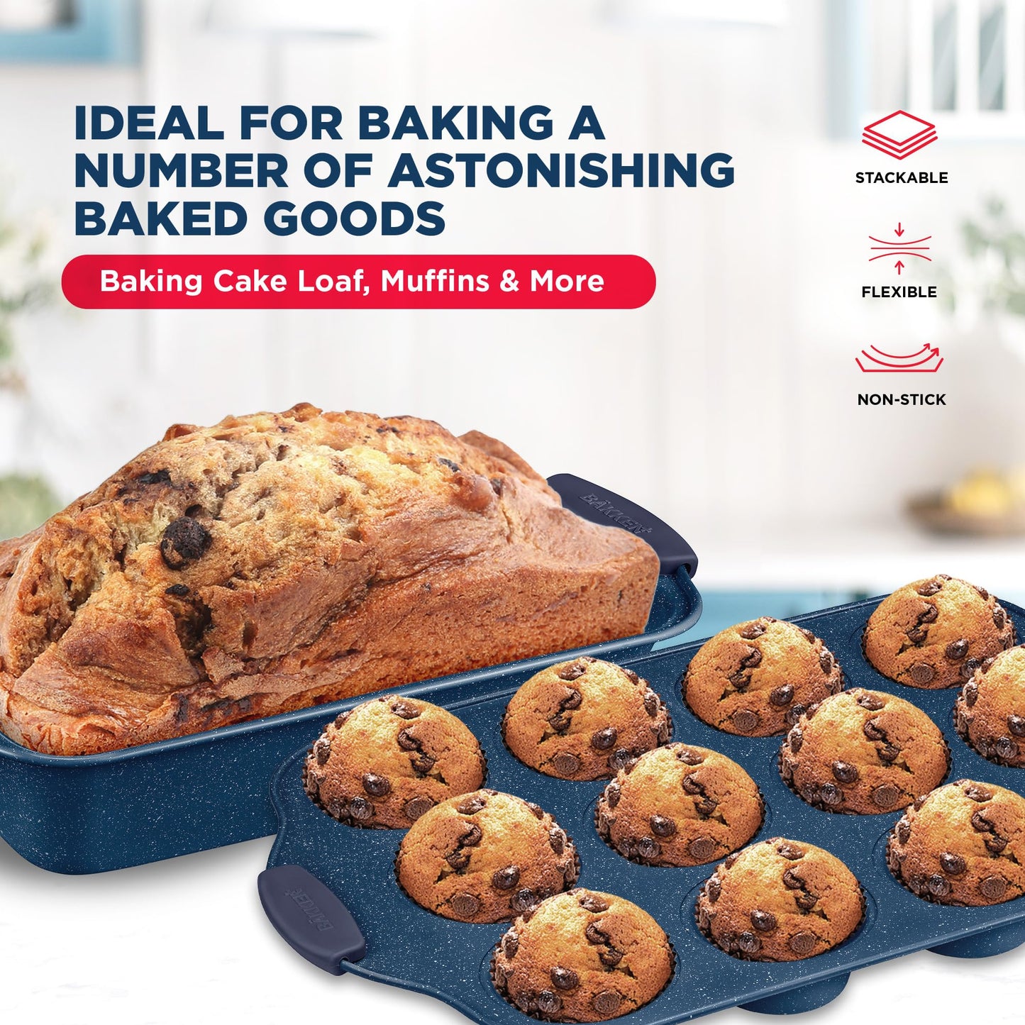 BAKKEN Kitchen Baking Pan Set - Nonstick Coating, Carbon Steel Bakeware Sets with Blue Silicone Handles, Baking Kitchen Essentials, PFOA, PFOS, PTFE Free, Oven Safe Tray (Up To 450° F), Set of 10