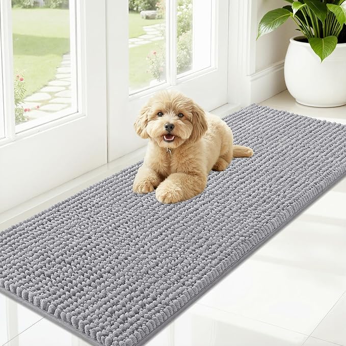 OLANLY Dog Door Mat for Muddy Paws 59x20, Ultra Absorbent Chenille Mud Doormat, Non-Slip Washable and Dirt Trapping Doormat for Indoor Entryway, Quick-Dry Indoor Pet Bed Mats for Dogs, Light Grey