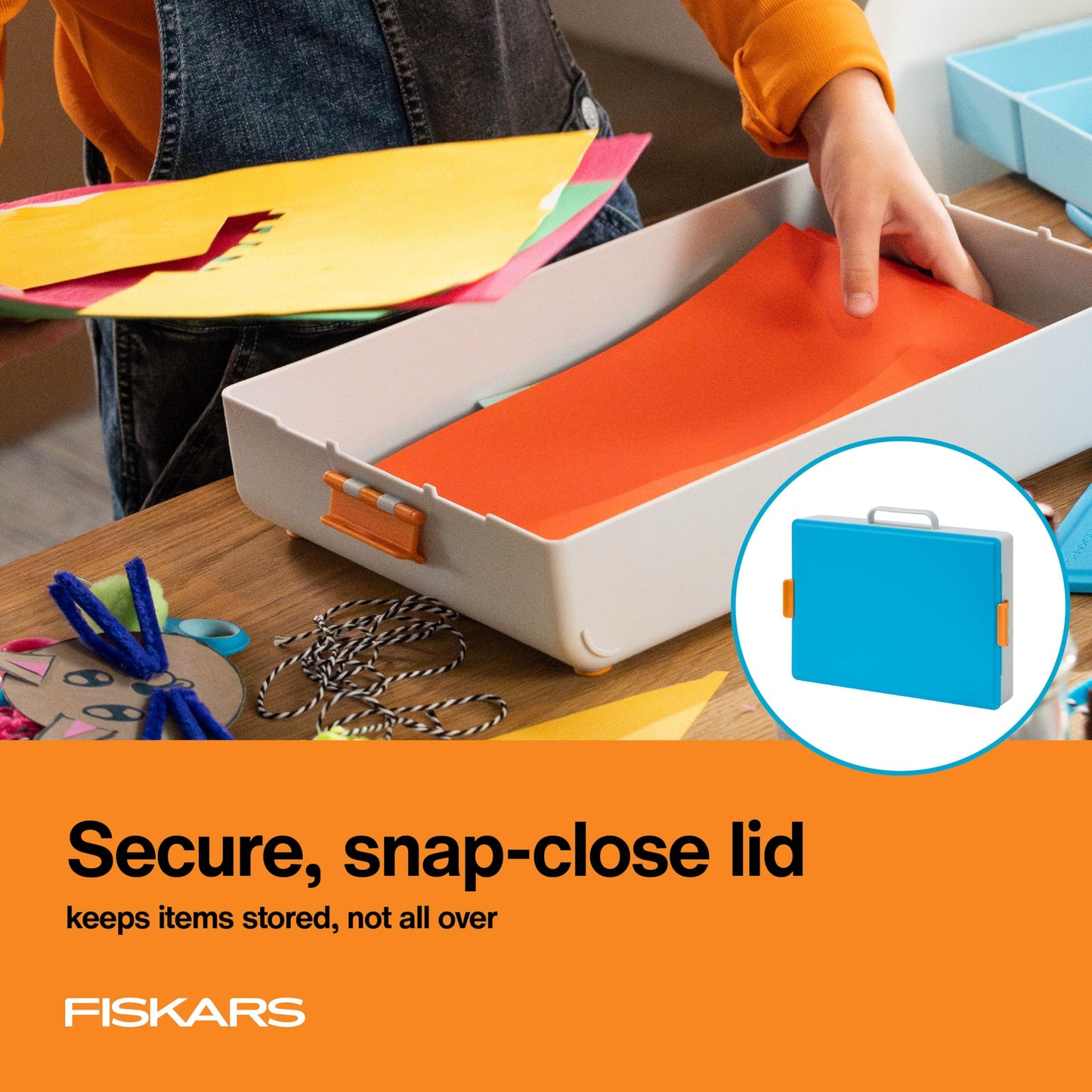 Fiskars Kids Creating Toolbox – Portable Art Storage Organizer with Reversible Lid, Carry Handle, and Secure Snap-Close Design