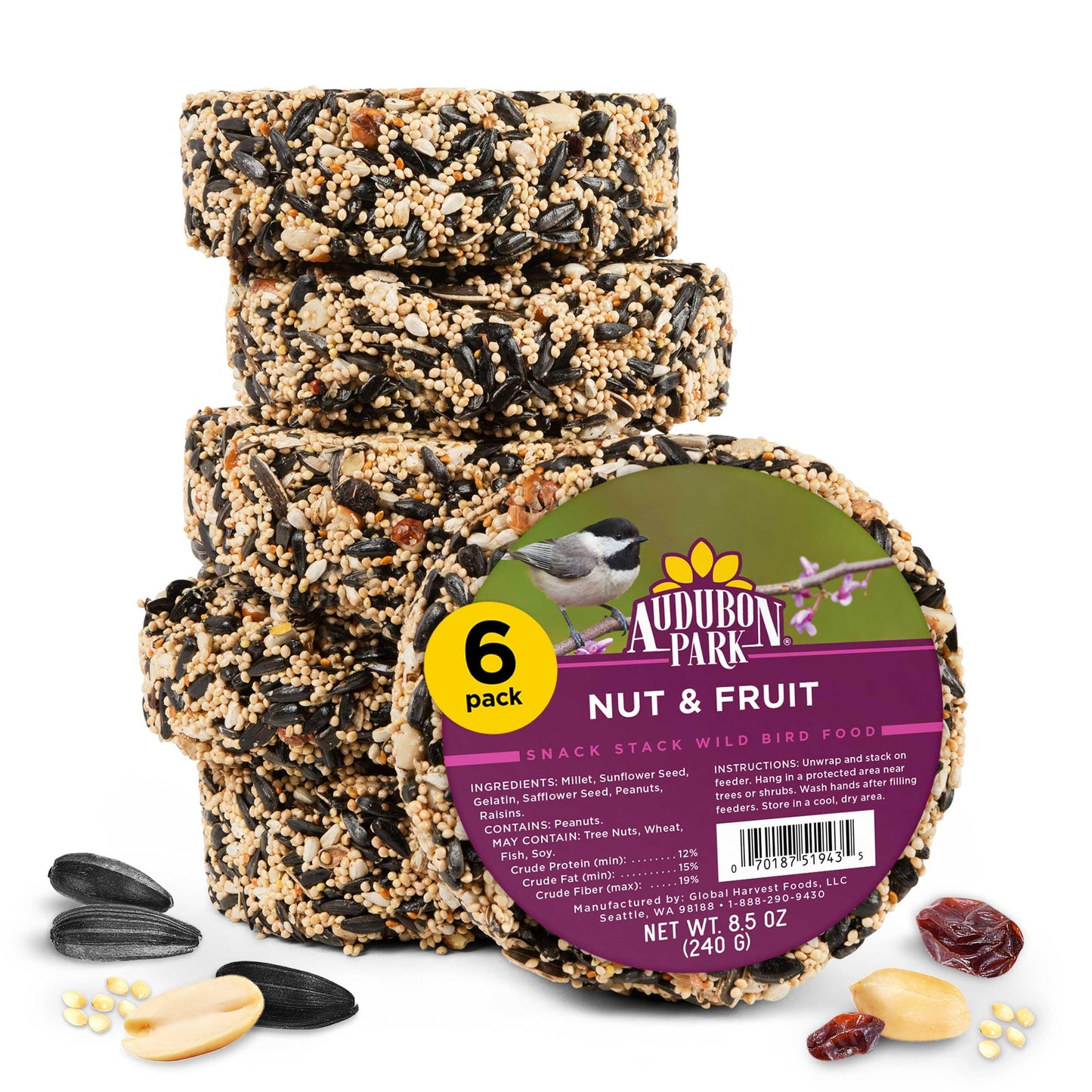 Audubon Park Nut & Fruit Snack Stack Wild Bird Food, Bird Seed Cake for Outside Feeders, 6-Pack