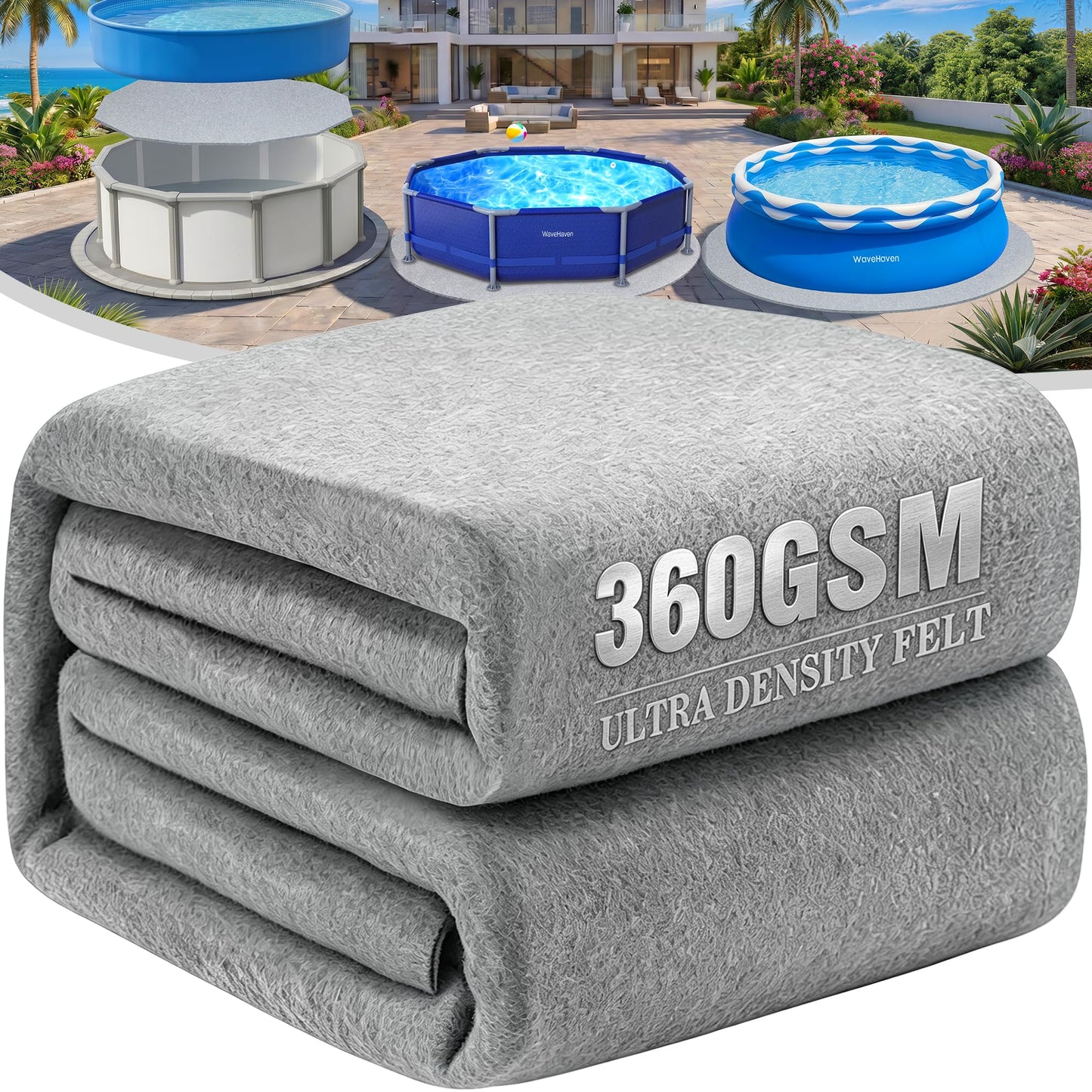 WaveHaven 15FT Pool Liner Pad,Round Pool Liners for Above Ground Swimming Pools,360G/M² Thicker Heavy Duty Round Pool Liner Pad,Underneath Pool Mat, Swimming Pool Liners for Padding and Protection