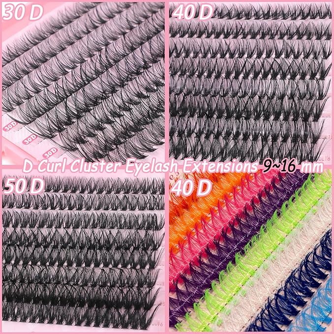 Lash Clusters Kit, 640 Pcs Eyelashes Clusters Extensions Kit 9-16mm Individual Lashes D Curl Fluffy Wispy False Eyelashes Thin Band, with Bond Seal Remover Tweezers Brush (30D+40D+50D+40D Kit 9-16mm)