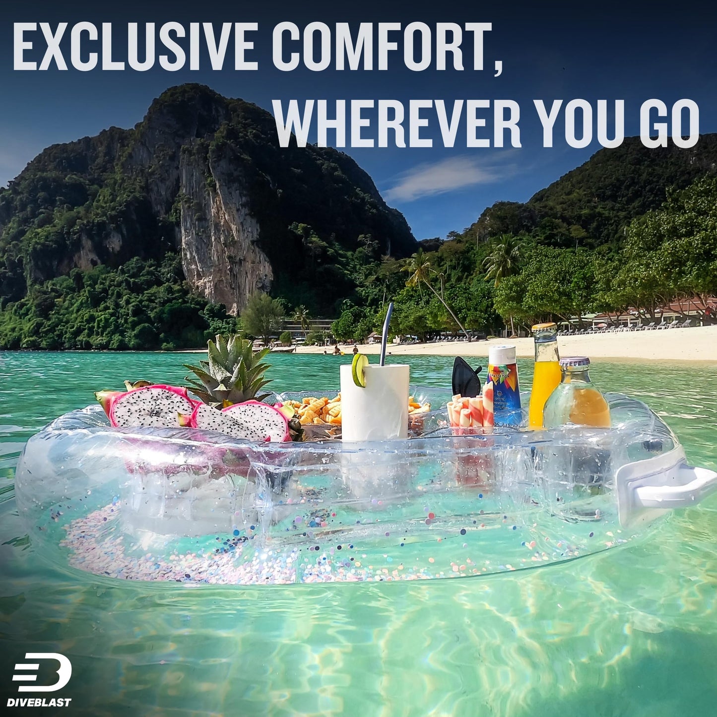 DIVEBLAST: Transparent Floating Drink Holder for Pool, Hot Tub Accessories for Adults - Holds Up to 50 LBS - Glitter Fun Swimming Pool Accessories for Adults, Cool and Unique Drink Floaties