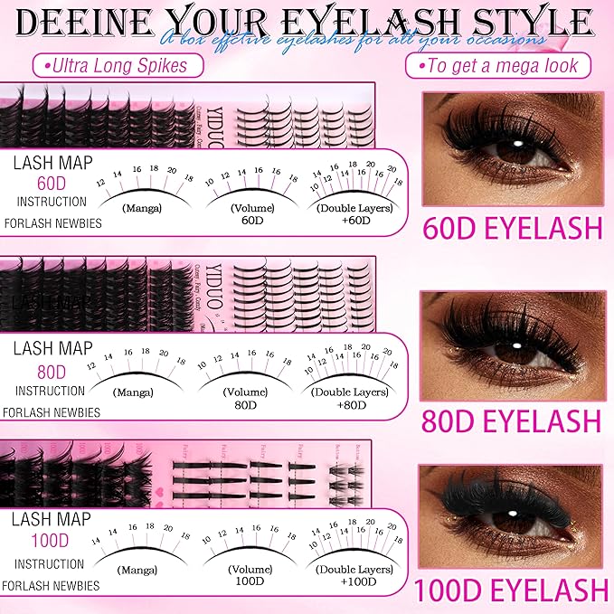 YIDUO Lashes Clusters Kit with Spikes Bottom Lash Extensions 816Pcs Bulk Packs with 2X Bond&Seal Wispy Individual Fake Eyelash Kit Wholesale Large Pack for Beginners Gift Choice