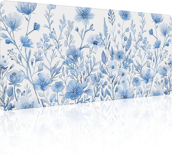 31.5?€?x11.8?€?Large Gaming Mouse Pad for Desk, Mouse Mat with Seamed Edges, Waterproof Desk Pad, Non-Slip Rubber Base, Keyboard Pad Computer Mat, Big XL Mousepad- Blue and White Flower