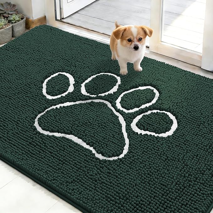OLANLY Dog Door Mat for Muddy Paws 48x30, Paw Print Design, Absorbs Moisture and Dirt, Absorbent Non-Slip Washable Doormat, Quick Dry Chenille Mud Mat, Entry Indoor Entryway Carpet, Blackish Green