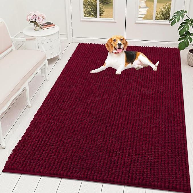 OLANLY Dog Door Mat for Muddy Paws 70x46, Ultra Absorbent Chenille Mud Doormat, Non-Slip Washable and Dirt Trapping Doormat for Indoor Entryway, Quick-Dry Indoor Pet Bed Mats for Dogs, Burgundy