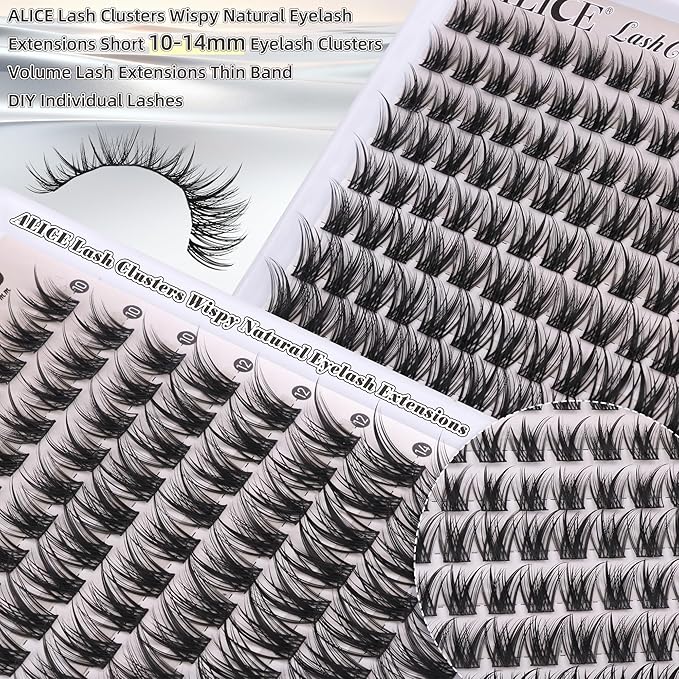 ALICE Lash Clusters Wispy Natural Eyelash Extensions Short 10-14mm Eyelash Clusters Volume Lash Extensions Thin Band DIY Individual Lashes