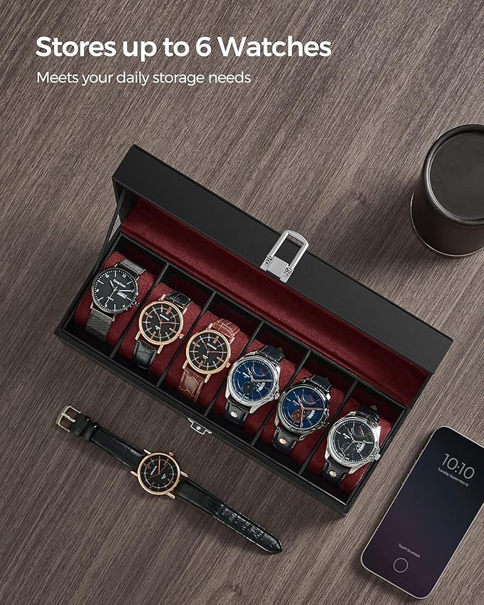 SONGMICS Watch Box, 6-Slot Watch Case Organizer with Large Glass Lid, Removable Pillows, Gift for Loved Ones, Black Synthetic Leather, Wine Red Lining UJWB006R01