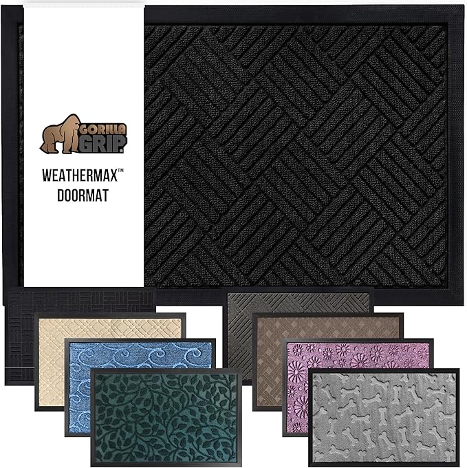 GORILLA GRIP 100% Waterproof All-Season WeatherMAX Doormat US Designed Natural Rubber, Stain and Fade Resistant, Low Profile Indoor Outdoor Door Mats, Easy Clean Patio Mat, 23x35, Black Diamond