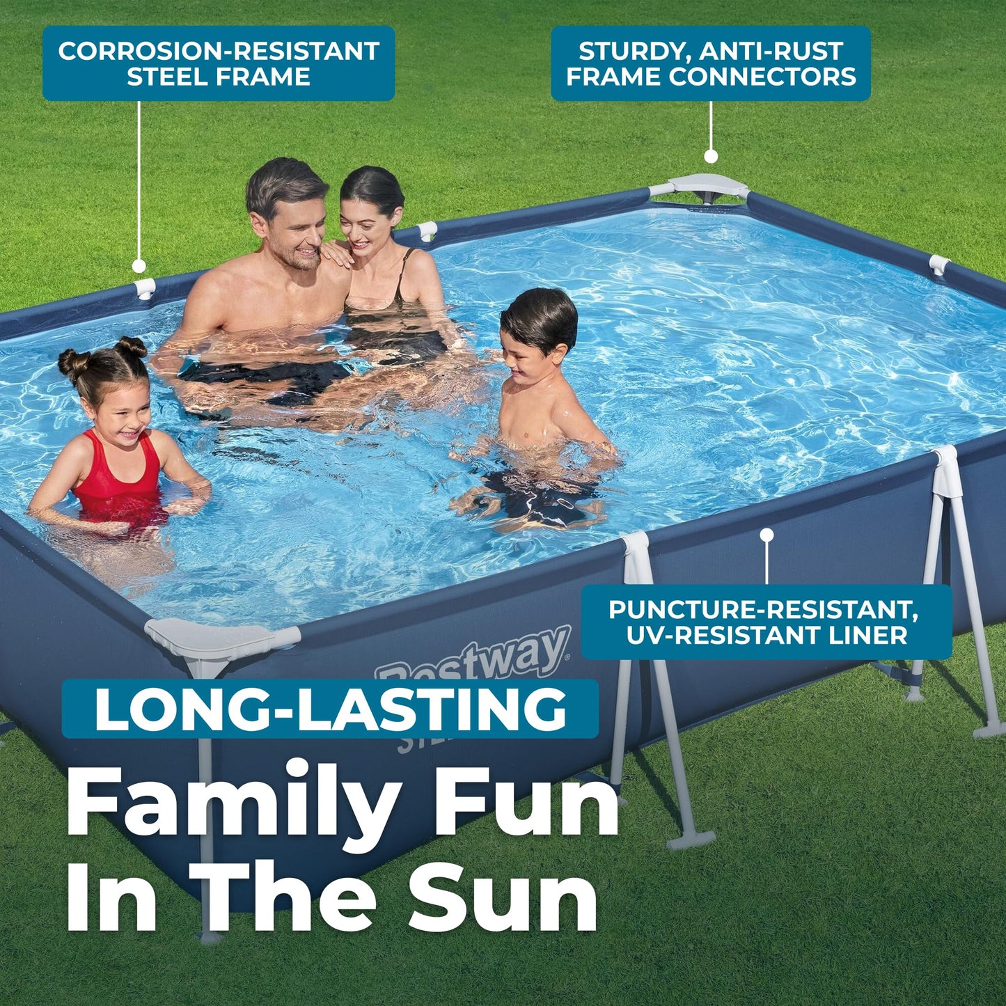 Bestway Steel Pro 9' 10" x 6' 7" x 26" Rectangular Above Ground Pool Set with 827 Gallon Capacity, DuraPlus Liner, and Flowclear 330 GPH Filter Pump