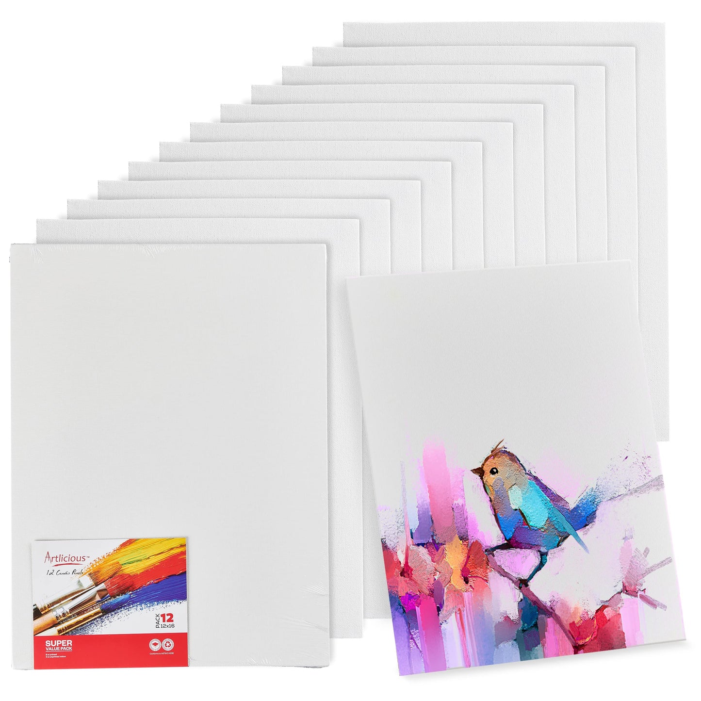 Artlicious Canvases for Painting - Pack of 12, 12 x 16 Inch Blank White Canvas Boards - 100% Cotton Art Panels for Oil, Acrylic & Watercolor Paint