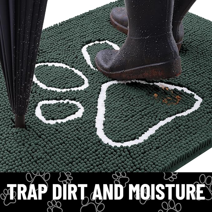 Smiry Dog Door Mat for Muddy Paws, Absorbent Dirt Trapper Non Slip Quick Dry Washable Chenille Mat for Mud Dogs, Entry Rug for Indoor and Outdoor (59x24 Inches, Green and White)