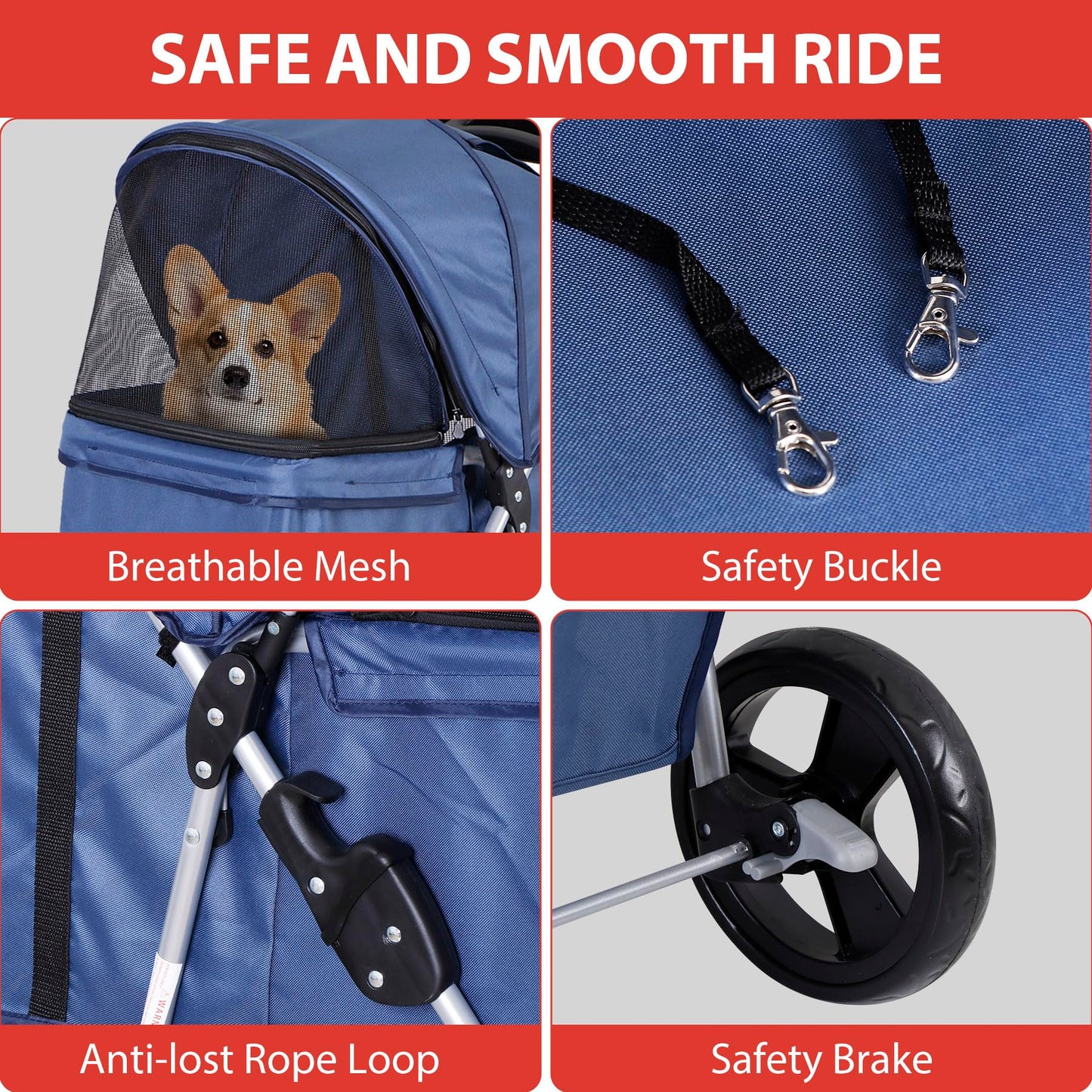 ZENY Foldable Pet Stroller, Cat/Dog Stroller with 4 Wheel, Pet Travel Carrier Strolling Cart with Storage Basket, Cup Holder (Navy Blue)