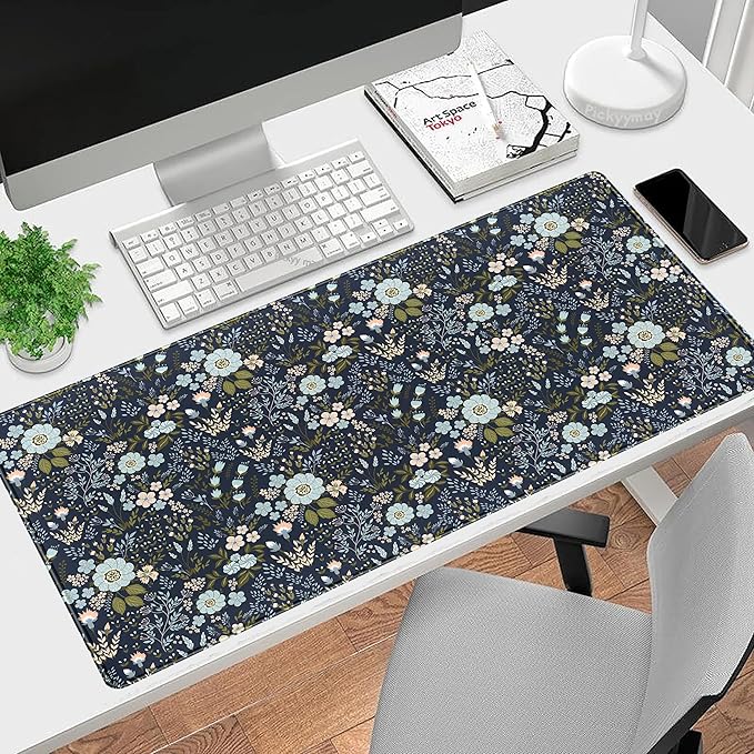 Blue Florals Desk Pad, Large Gaming Mouse Pad & Keyboard Mat, Laptop Computer Mat Desk Protector XXL, Vintage Office Desktop Decor 31.5"x15.75"