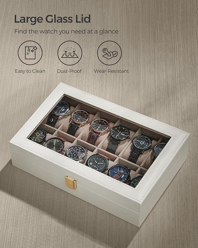SONGMICS Watch Box, 12-Slot Watch Case Organizer with Large Glass Lid, Removable Pillows, Gift for Loved Ones, Cloud White Synthetic Leather, Cappuccino Beige Lining UJWB120W01