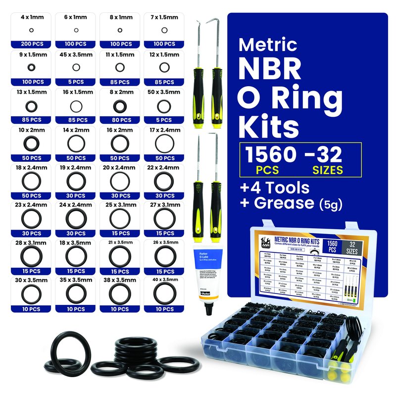 O Ring Kit - 1560 Pcs 32 Size - Nitrile Rubber O Rings Assortment Kit + 4 Hook Set & Grease Tube – for Automotive, Plumbing, Pressure Washer, Air or Gas Sealing Connections (O Rings 1560 Pcs)