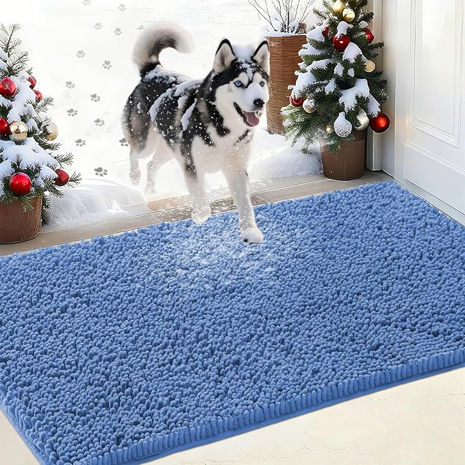 IM HOME Chenille Absorbent Outdoor Doormat 30" x 20", Washable Muddy Door Mats for Dog Non Slip Indoor Doormat Dog Mat for Muddy Paw Front Inside Doormats for Entryway Cornflower Blue