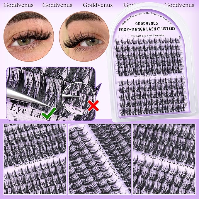 Goddvenus Manga Lash Cluster Kit Wispy Lashes Clusters Fluffy Eyelash Clusters Upturned Foxy Cluster Eyelash Extensions Kit D Curl Fairy Eyelash Extension Kit 10-16mm Individual Lashes Kit