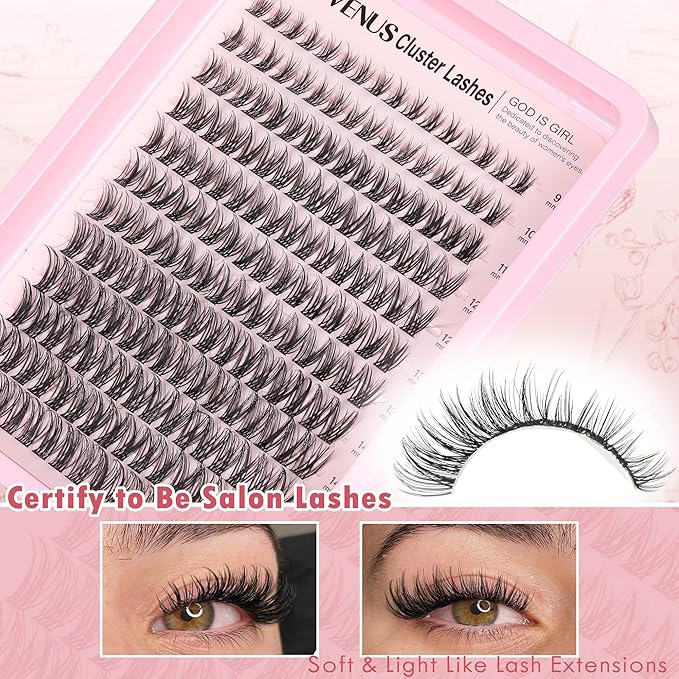 Goddvenus Lash Clusters Kit Wispy Lash Extension Kit Waterproof Lashes Clusters DIY Eyelash Clusters Kit with Natural Individual Eyelashes, Lashes Glue Bond and Seal and Lash Tweezers (D Curl 192pcs)