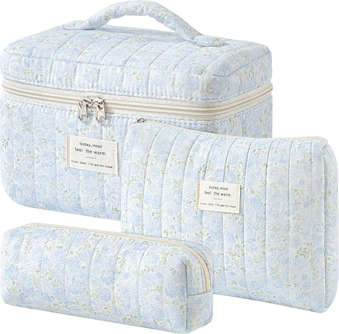 HBselect Quilted Makeup Bag, 3PCS Cotton Large Travel Makeup Bag, Cute Floral Coquette Make up Bag Cosmetic Bag Toiletry Bag for Women Girls