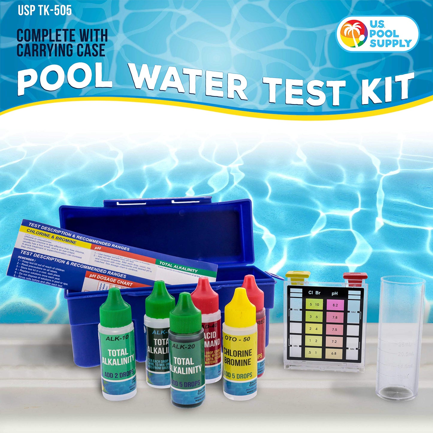 U.S. Pool Supply 5-in-1 Pool Test Kit - Pool Water Testing Kit, Accurate Chemical Test for pH, Chlorine, Bromine, Alkalinity, Acid Demand - Residential Home Swimming Inground Above Ground, Hot Tub Spa
