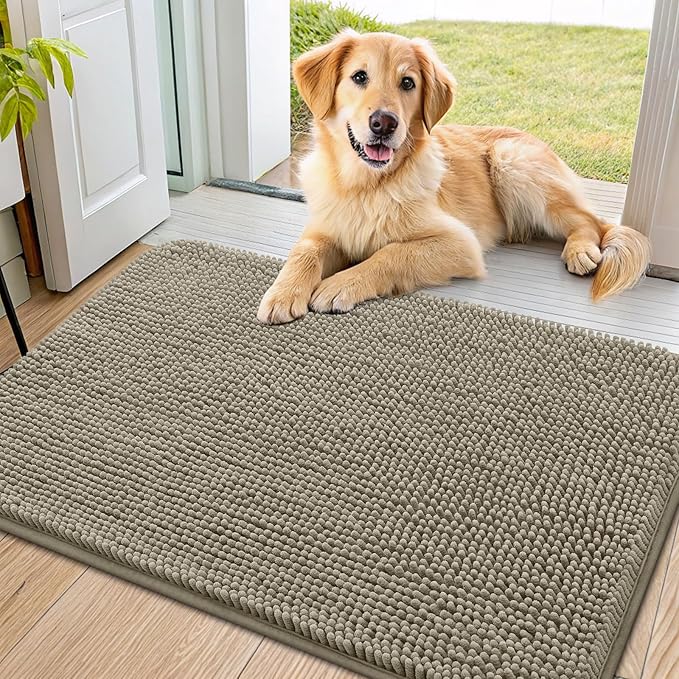 Smiry Dog Door Mat for Muddy Paws 36x24, Absorbs Moisture and Dirt Doormat, Non-Slip Washable Quick Dry Chenille Front Door Mat Indoor Entrance, Entryway Carpet for Inside Floor, Warm Taupe