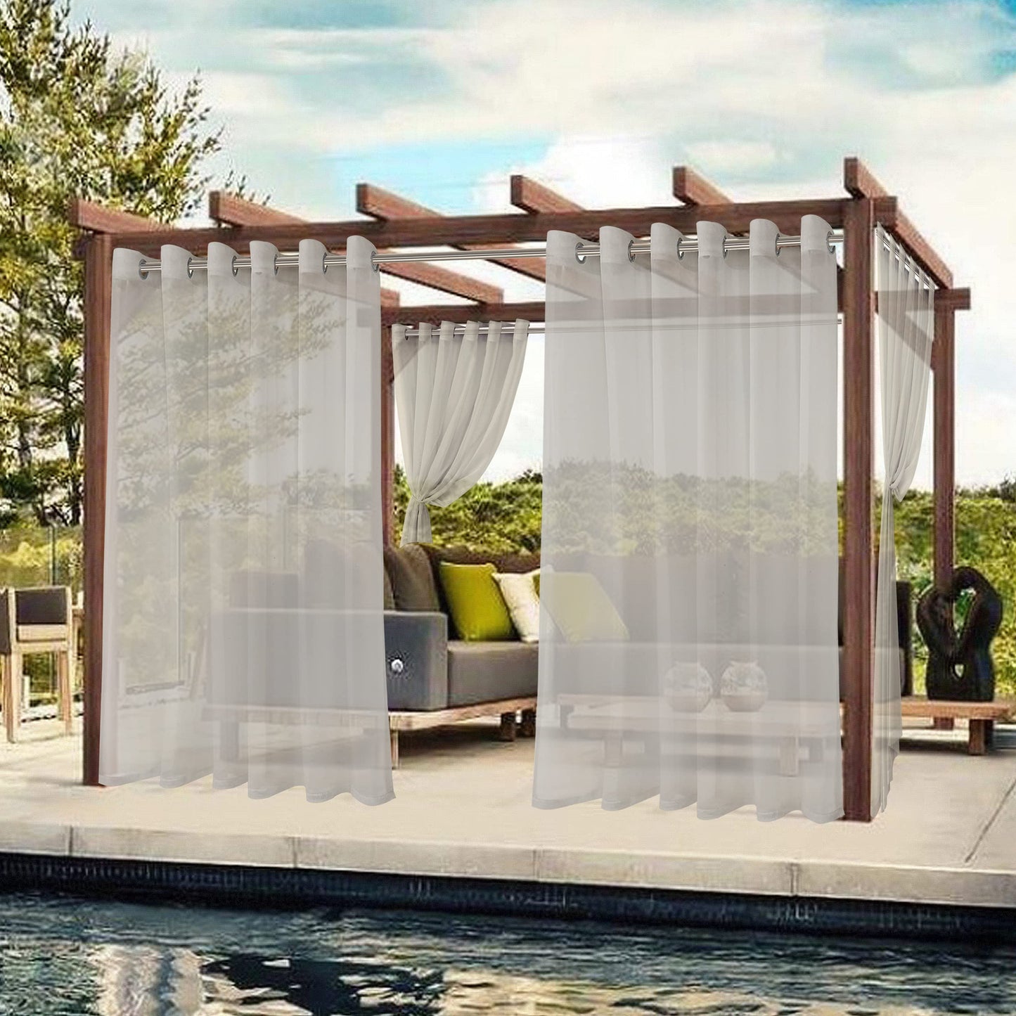 BONZER Waterproof Sheer Outdoor Curtains for Patio - 2 Panels Wide Grommet Indoor Voile Curtains for Living Room, Bedroom, Porch, Pergola, Cabana,100 x 108 inch, Cloud Grey