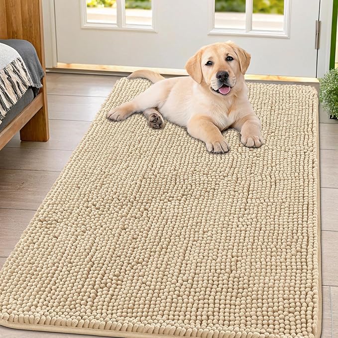 Smiry Dog Door Mat for Muddy Paws 44x32, Absorbs Moisture and Dirt Doormat, Non-Slip Washable Quick Dry Chenille Front Door Mat Indoor Entrance, Entryway Carpet for Inside Floor, Beige