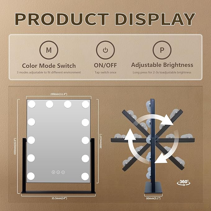 Vanity Mirror with Lights,Makeup Mirror with Lights,3 Color Lighting Modes Detachable 10X Magnification Mirror Touch Control,360°Rotation,White
