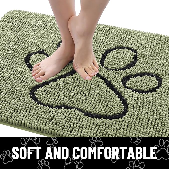 Smiry Dog Door Mat for Muddy Paws, Absorbent Dirt Trapper Non Slip Quick Dry Washable Chenille Mat for Mud Dogs, Entry Rug for Indoor and Outdoor (30x20 Inches, Sage Green and Black)